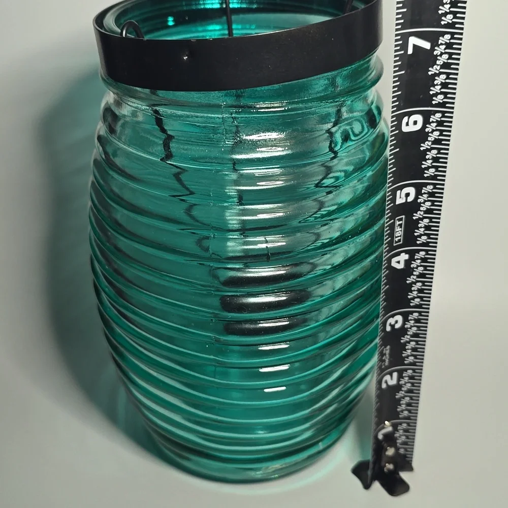 Teal Ribbed Glass Candle Holder.l
